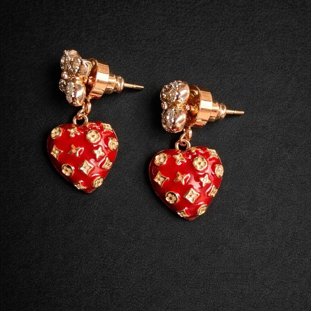 Red heart gold earrings